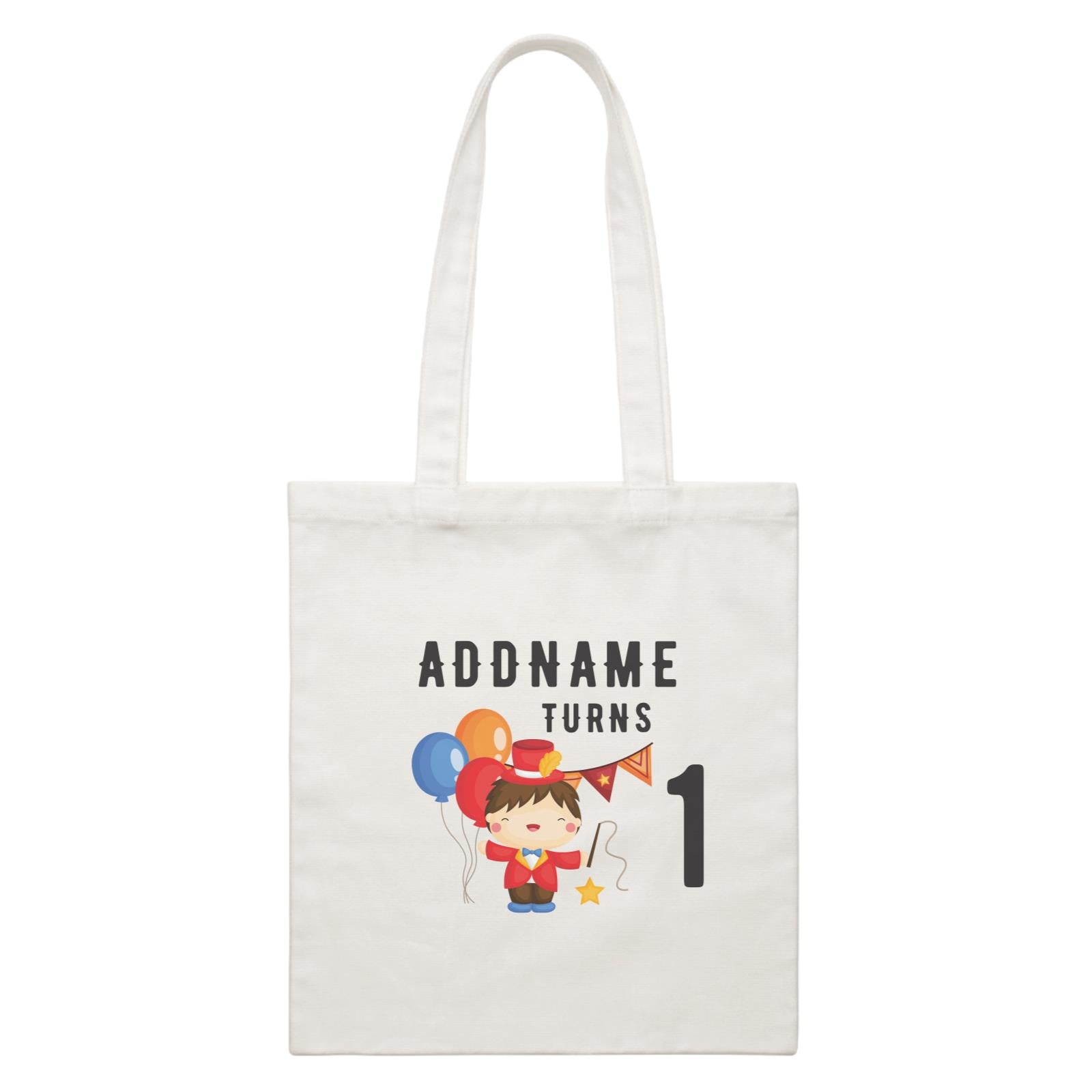 Birthday Circus Happy Boy Leader of Performance Addname Turns 1 White Canvas Bag