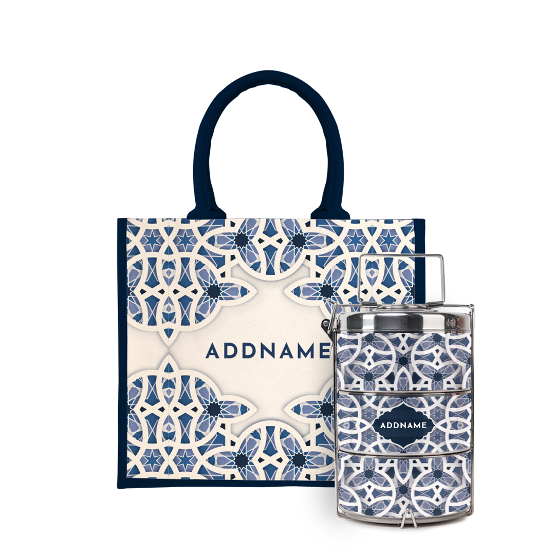 Ratu Series - Blue Tiffin Carrier with Half Lining Jute Bag