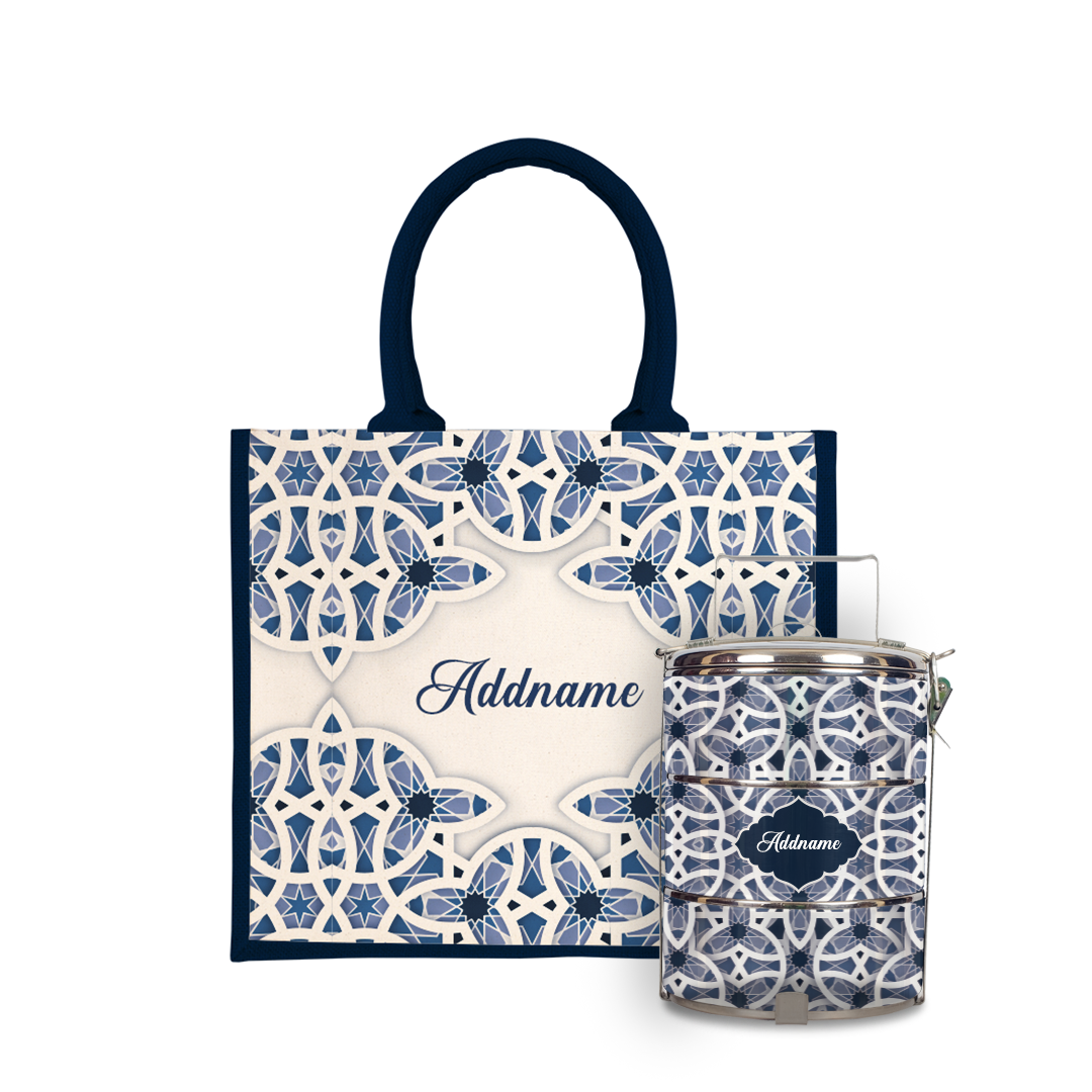 Ratu Series - Blue Tiffin Carrier with Half Lining Jute Bag