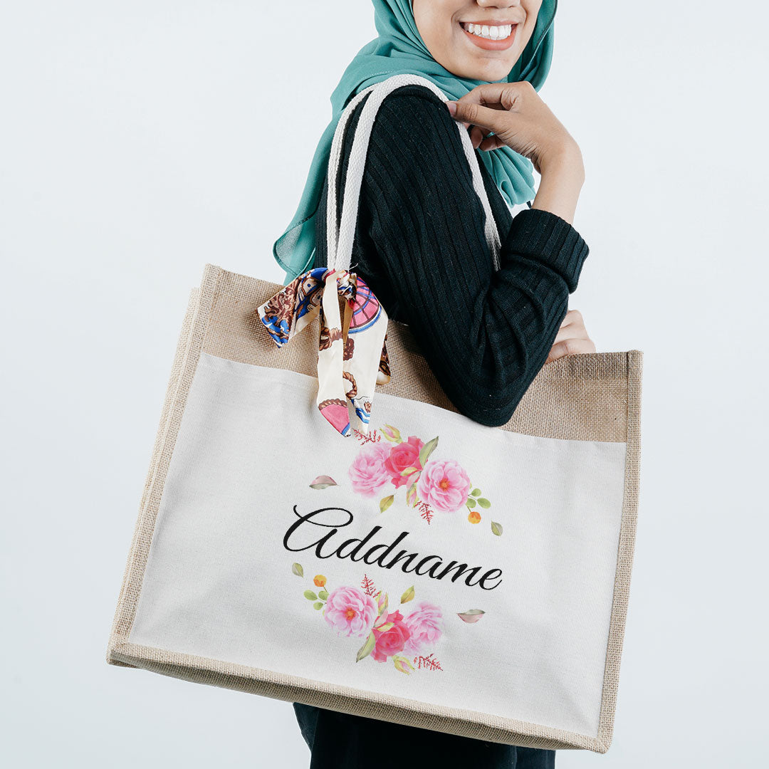 Pink Rose Jute Bag with Front Pocket