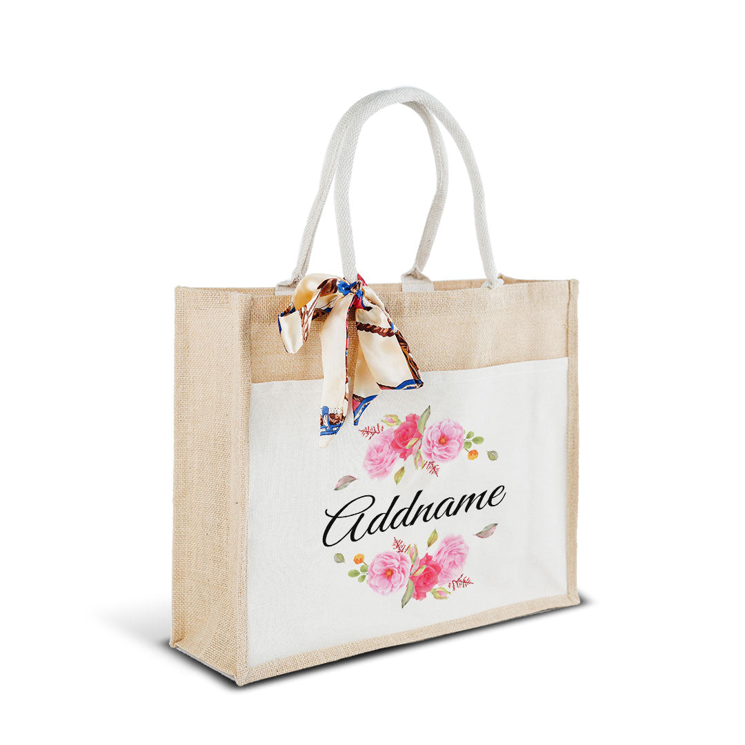Pink Rose Jute Bag with Front Pocket