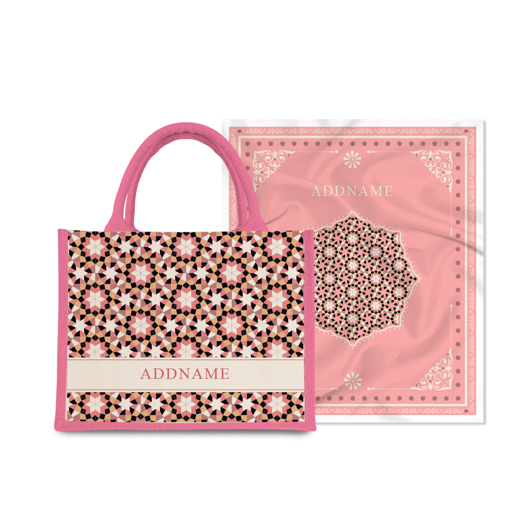 Ornamental Series - Pastel Peach Prayer Mat with Light Pink Half Lining Small Canvas Bag