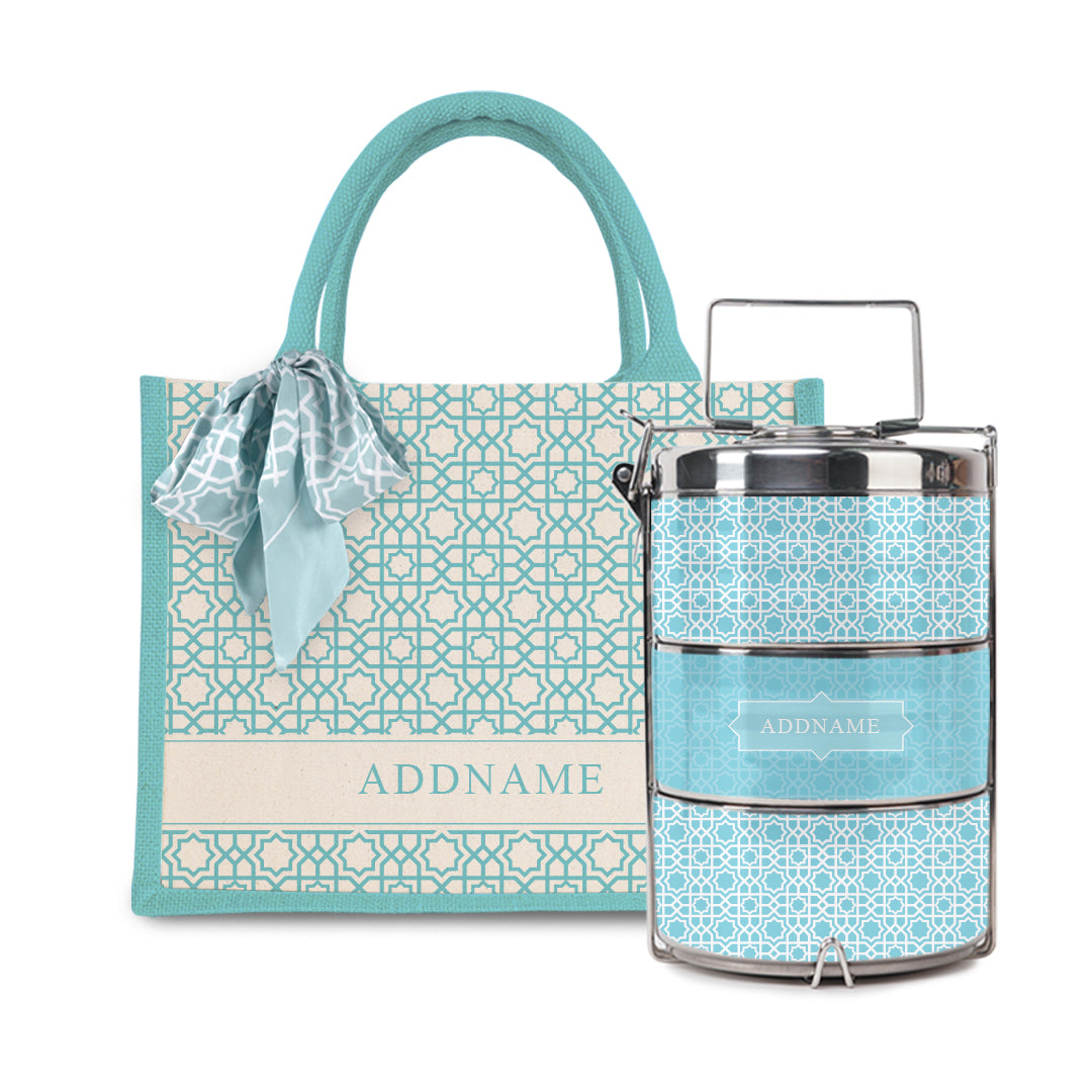 Annas Series - Sky Blue Half Lining Small Jute Bag with Tiffin Carrier