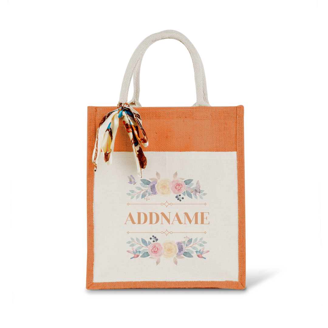 Le Fleur Series Raffinée Orange Colourful Jute Bag With Front Pocket