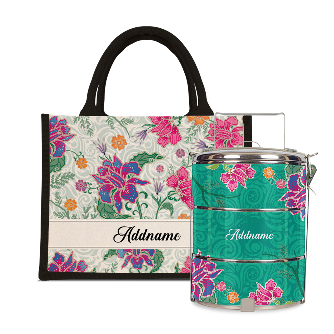 Modern Mahsuri Series - Legend Green Half Lining Small Jute Bag with Tiffin Carrier