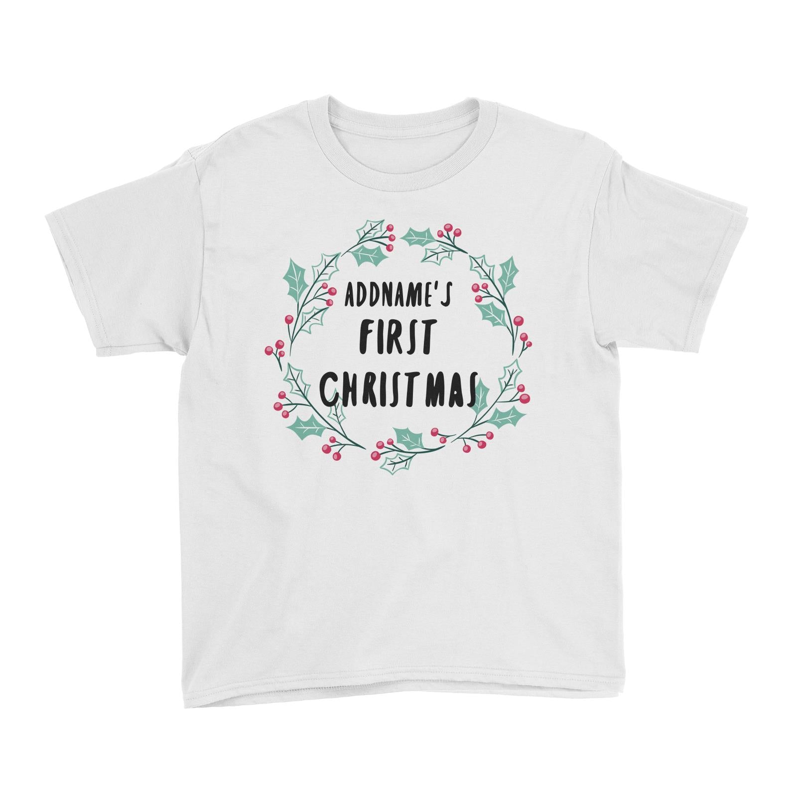 Holly Wreath Addname's First Christmas Kid's T-Shirt  Personalizable Designs