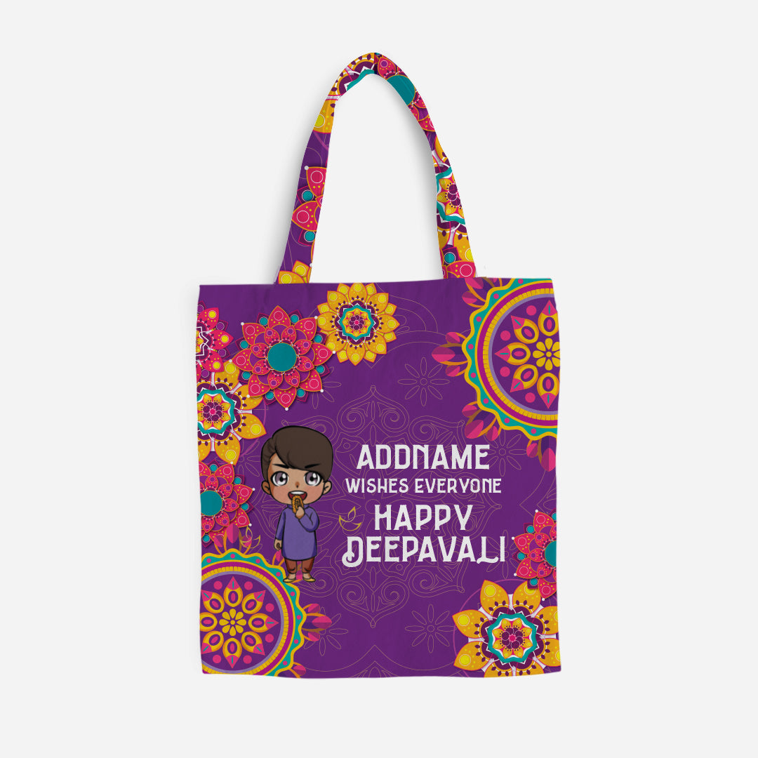 Deepavali Chibi Full Print Canvas Bag - Little Boy Front Addname Wishes Everyone Deepavali