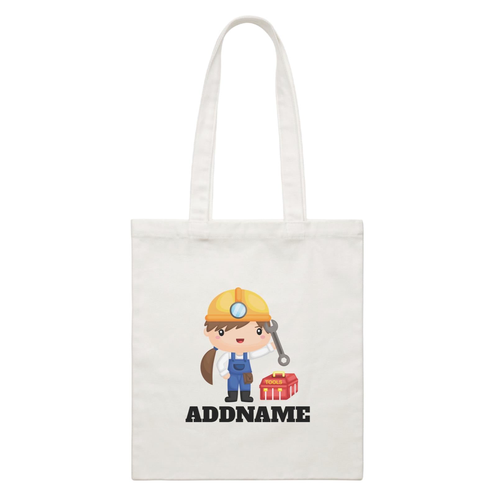 Birthday Construction Repair Worker Girl Addname White Canvas Bag