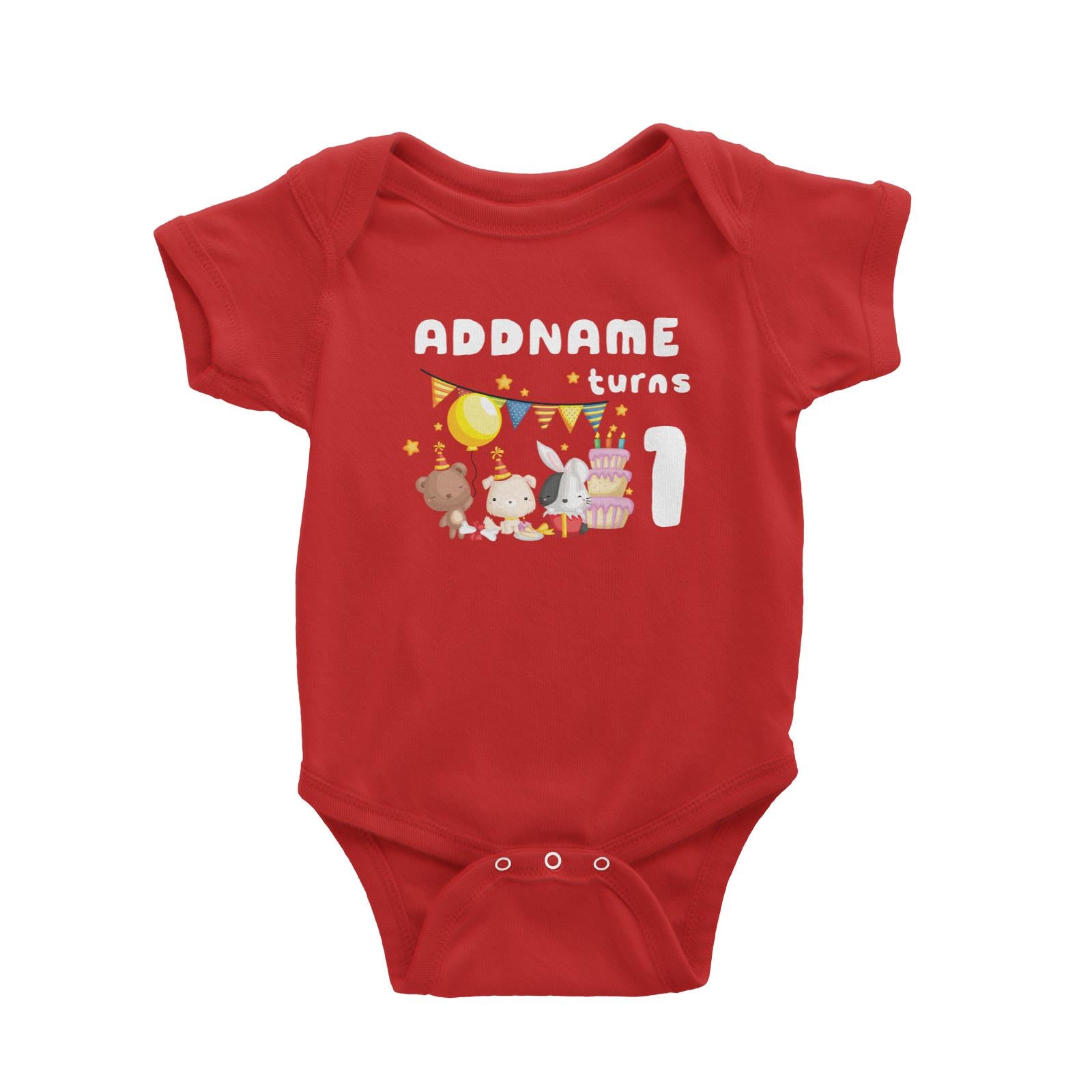 Birthday Friendly Animals Rabbit Bear And Dog Party Addname Turns 1 Baby Romper