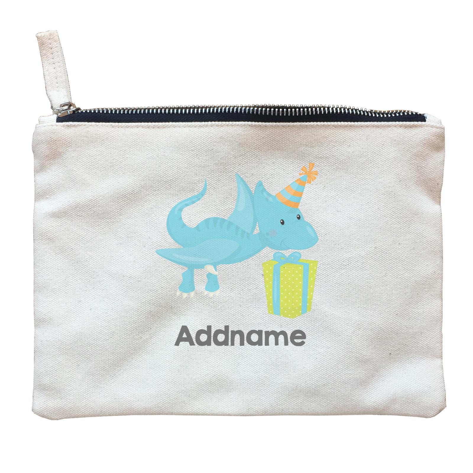 Dino Birthday Blue Pteradactyl wih Birthday Gift and Hat Addname Zipper Pouch
