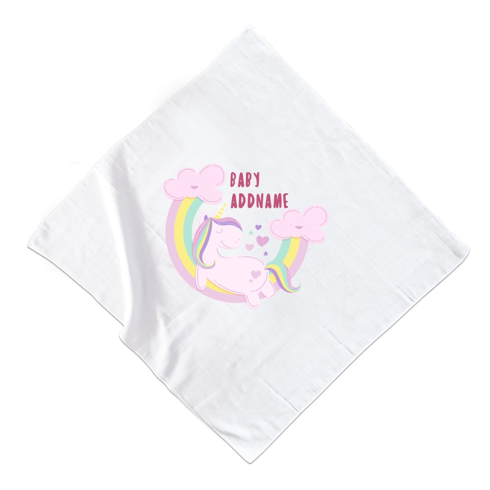 Pink Unicorn On Rainbow with Baby Addname Muslin Square