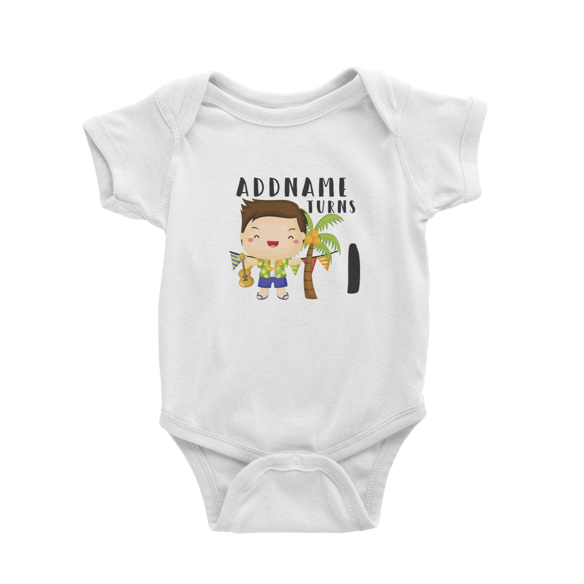 Birthday Hawaii Boy Taking Ukelele Addname Turns 1 Baby Romper