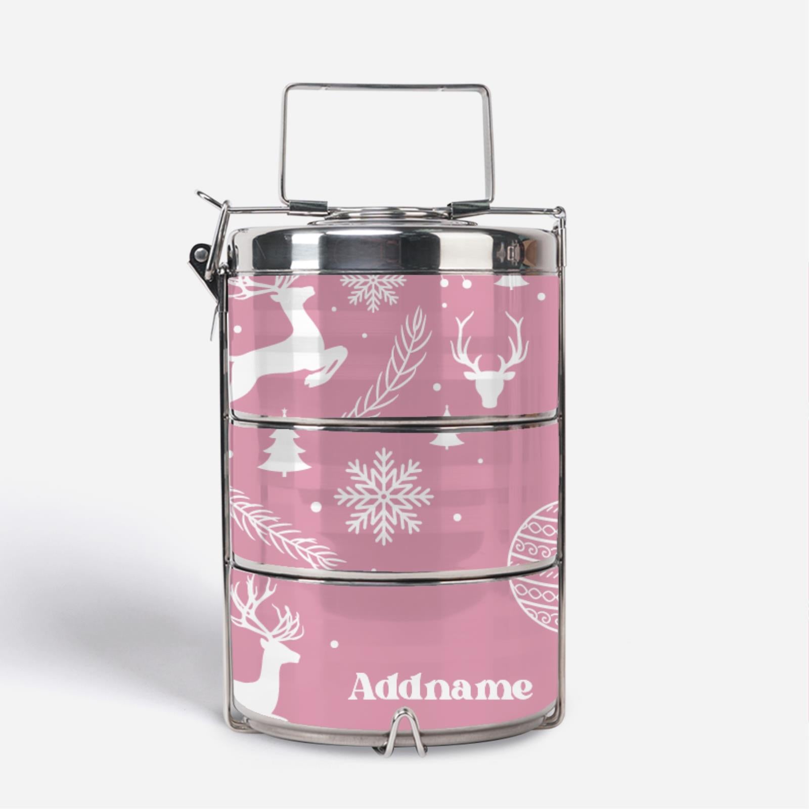 Christmas Series Premium Tiffin Carrier - Jubilant Reindeers Light Pink