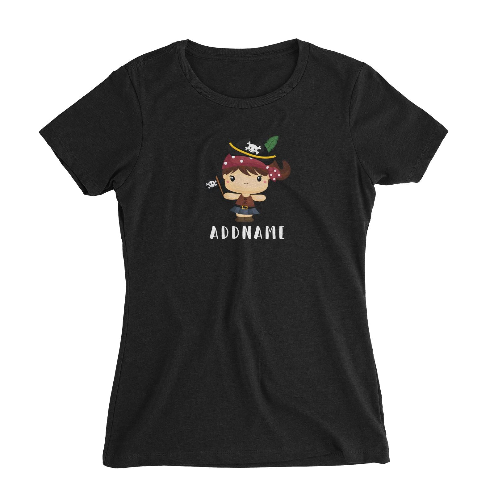 Birthday Pirate Happy Girl Captain Holding Pirate Flag Addname Women's Slim Fit T-Shirt