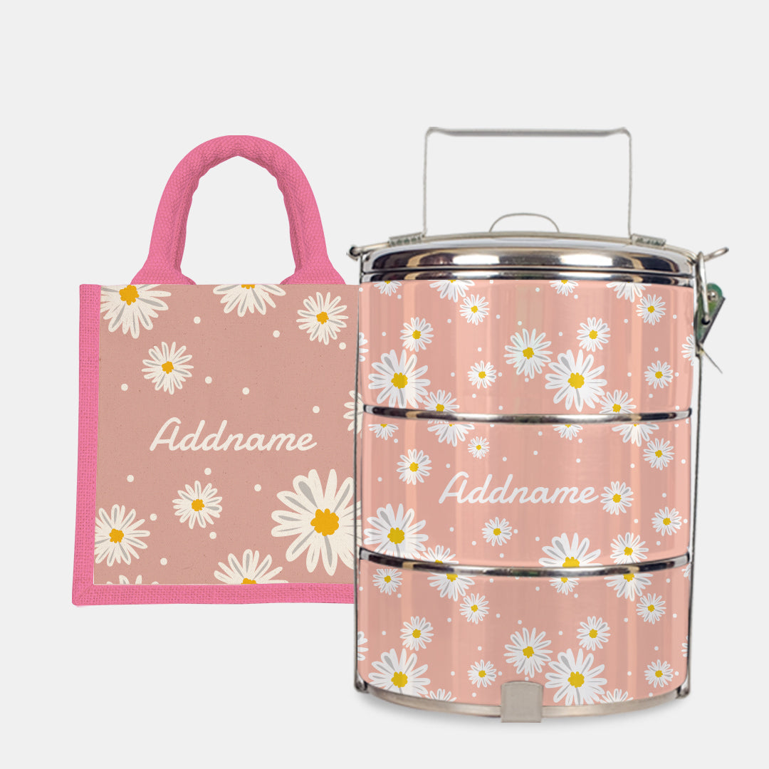 Daisy Series Half Lining Lunch Bag Wtih Standard Tiffin Carrier - Coral Light Pink