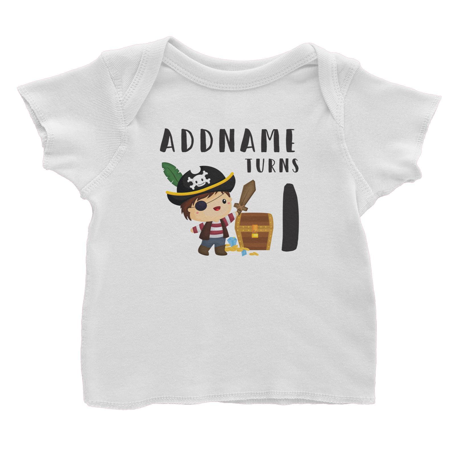 Birthday Pirate Happy Boy Captain With Treasure Chest Addname Turns 1 Baby T-Shirt