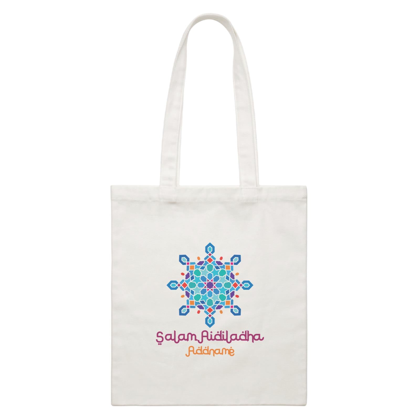 Salam Aidiladha Blue Motifs Addname White White Canvas Bag