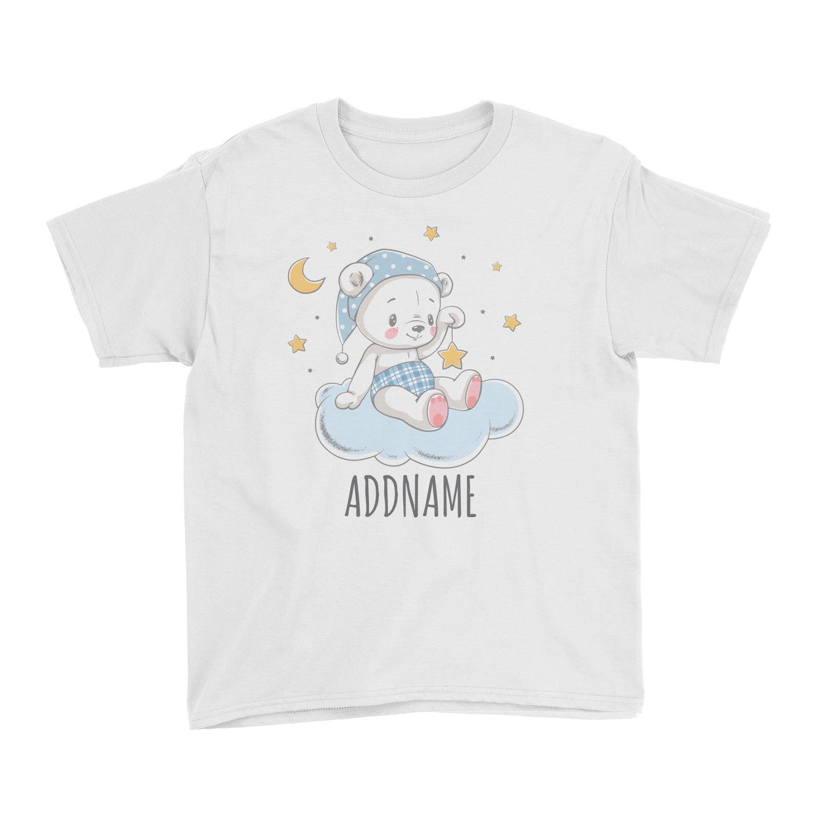 Night Boy Bear Sitting on Cloud White Kid's T-Shirt Personalizable Designs Cute Sweet Animal For Boys Newborn HG