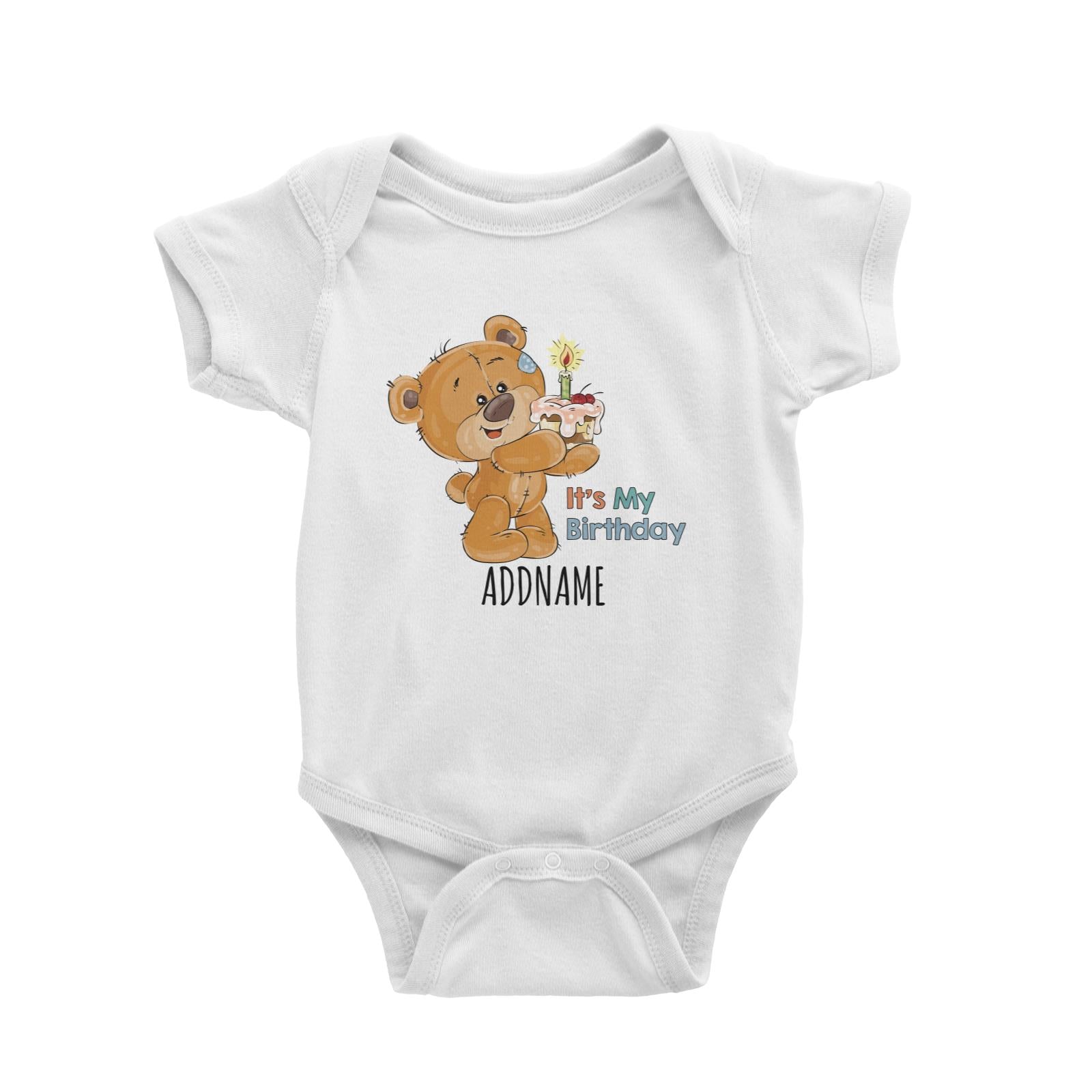Cartoon It's My Birthday Bear with Cake White White Baby Romper