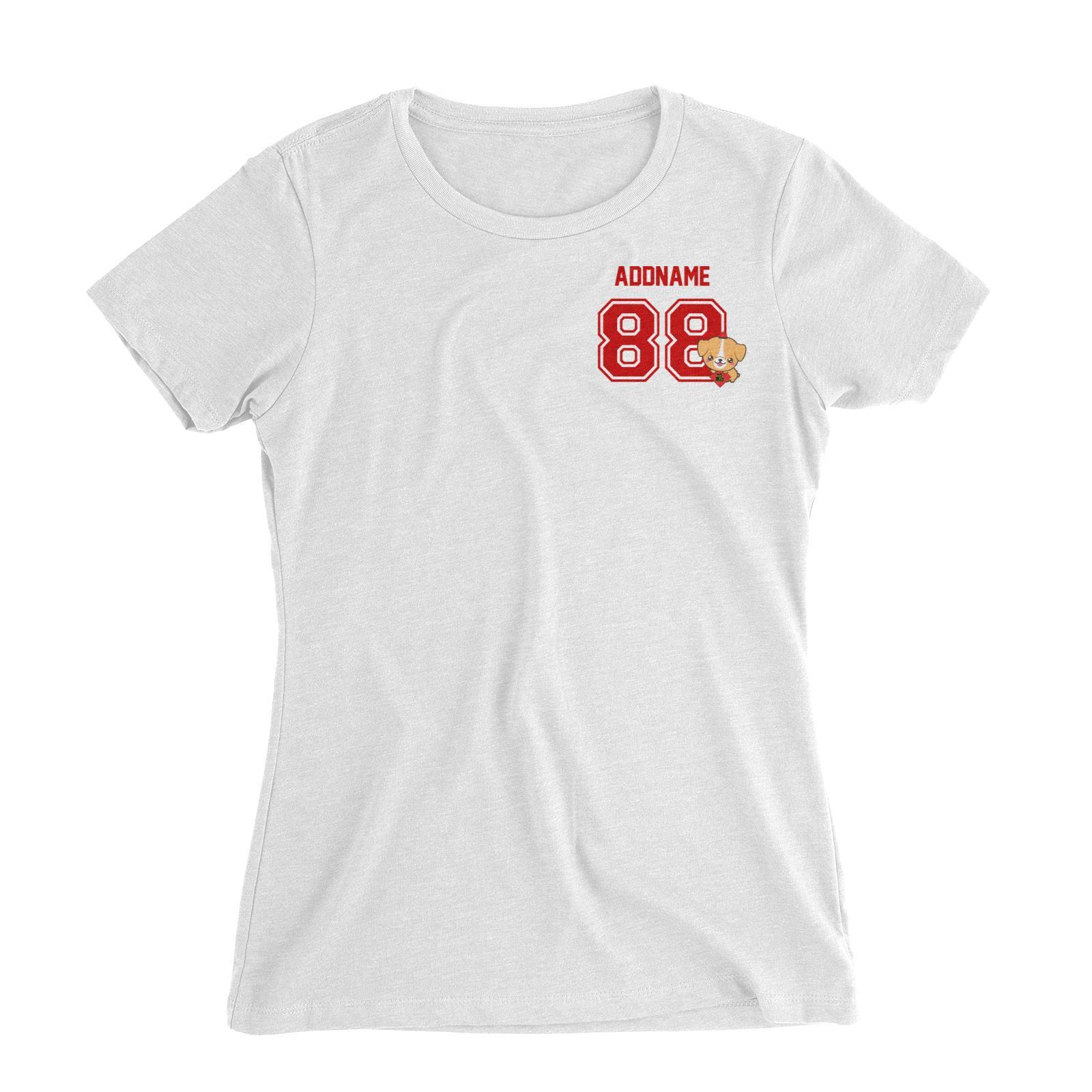 Chinese New Year Lucky 88 Cute Dog Red Pattern Name and Number Pocket Women Slim Fit T-Shirt  Personalizable Designs