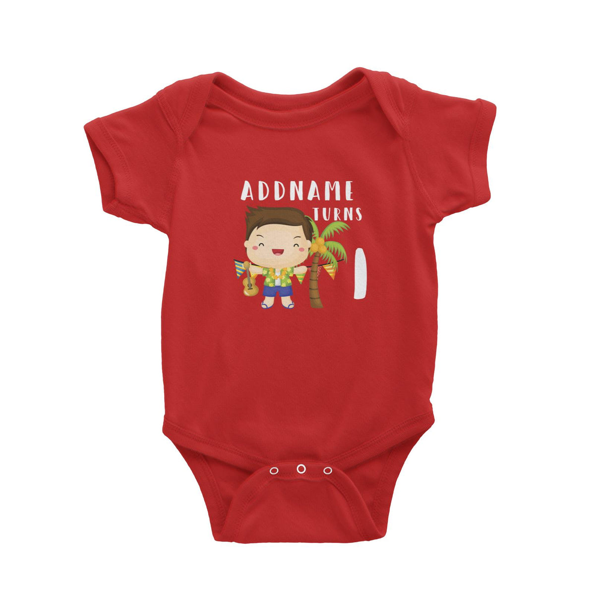 Birthday Hawaii Boy Taking Ukelele Addname Turns 1 Baby Romper
