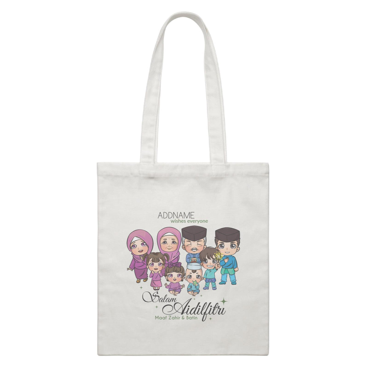 Raya Chibi Big Family Addname Wishes Everyone Salam Aidilfitri Maaf Zahir &amp; Batin White Canvas Bag