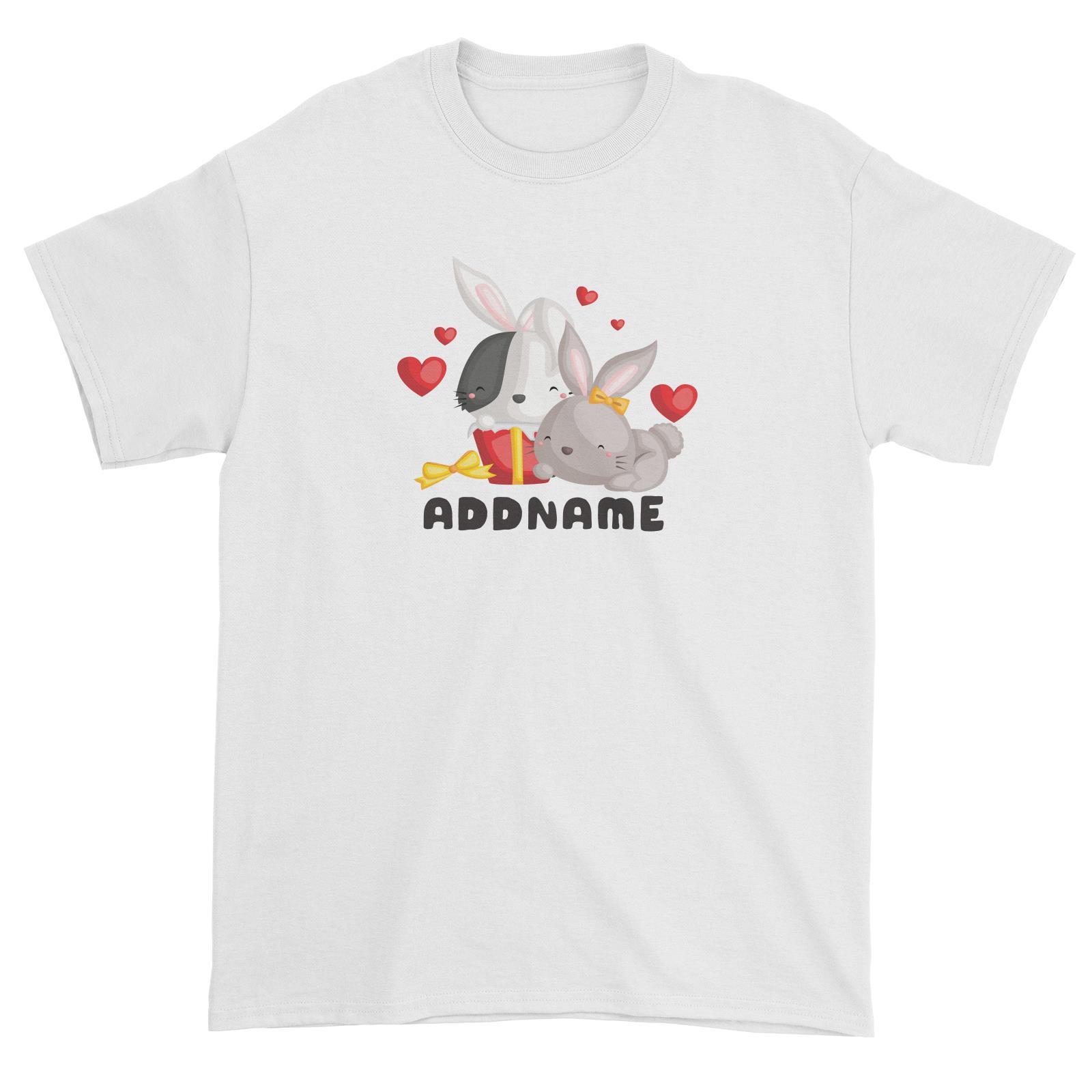 Birthday Friendly Animals Happy Two Rabbits Open Present Addname Unisex T-Shirt