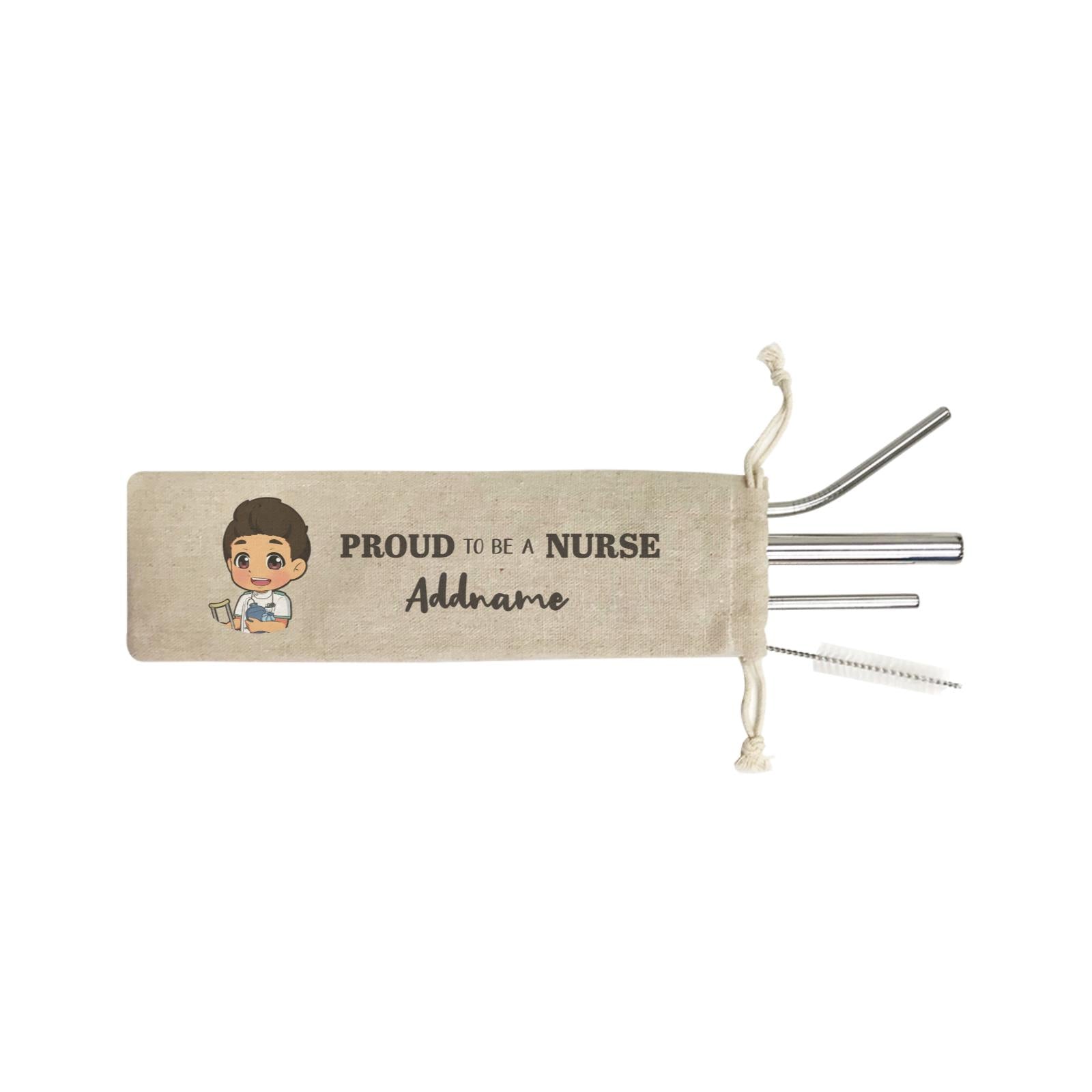 Proud To Be A Nurse Chibi Male Malay SB 4-in-1 Stainless Steel Straw Set In a Satchel