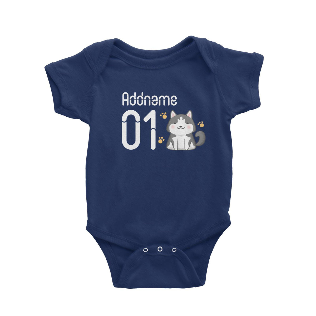 Name and Number Cute Hand Drawn Style Husky Baby Romper