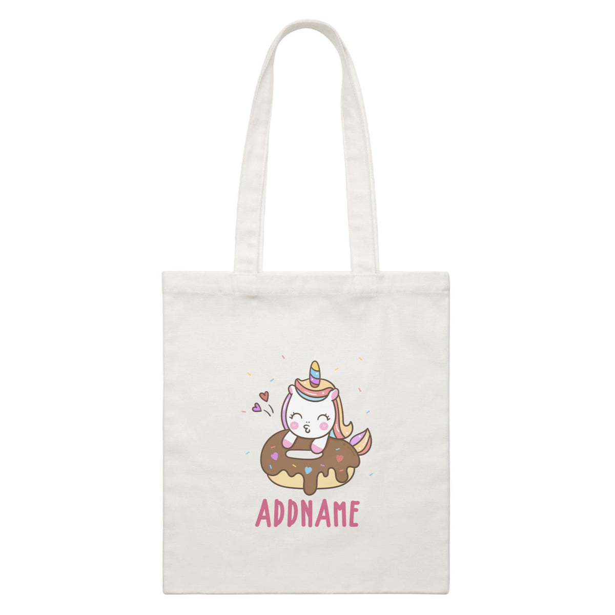 Unicorn And Princess Series Unicorn Hugging Donut Addname White Canvas Bag