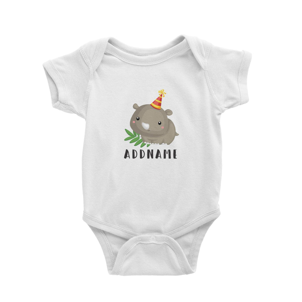 Birthday Safari Rhino Wearing Party Hat Addname Baby Romper