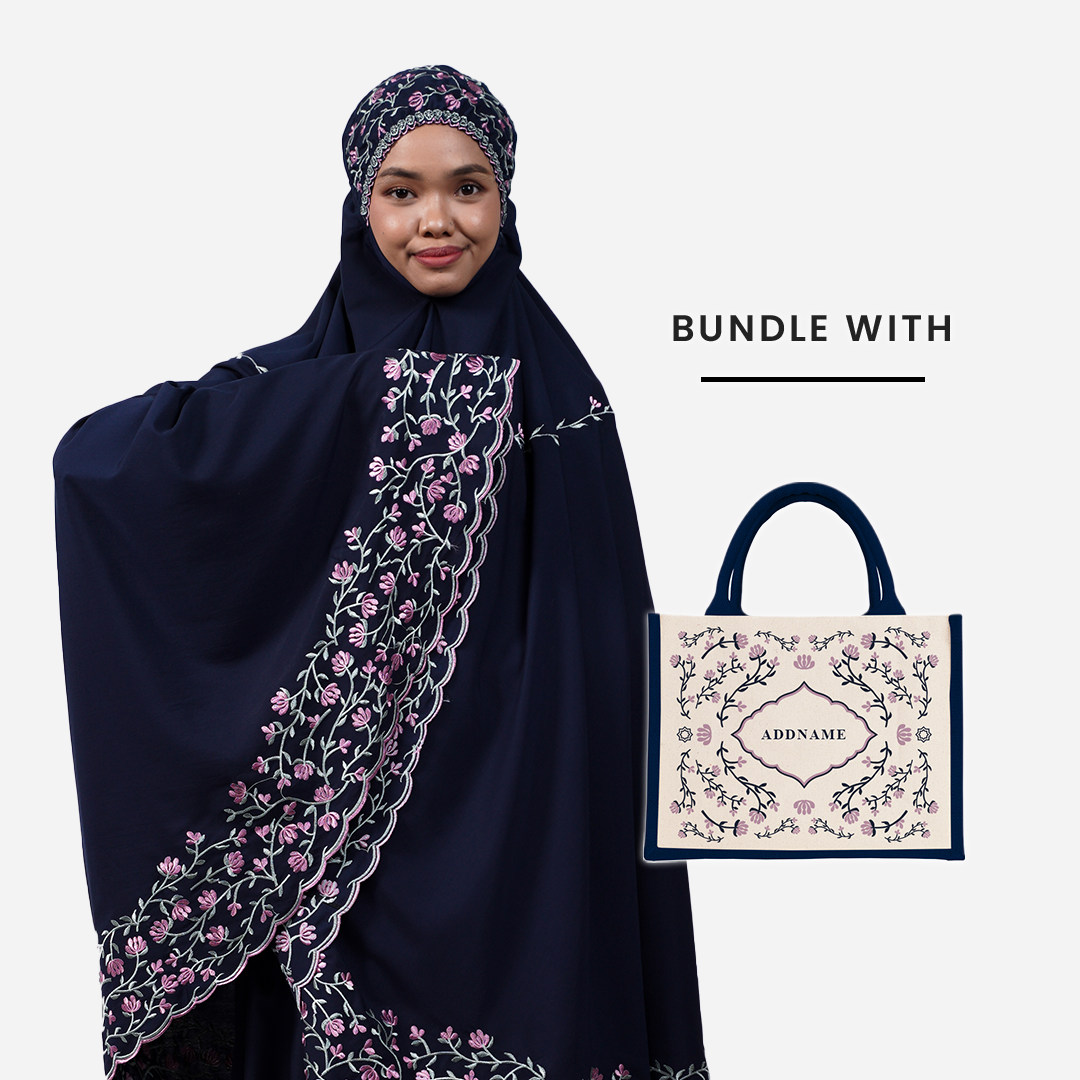 Dang Anum Series - Ancient Navy Blue Telekung with Half Lining Small Jute Bag