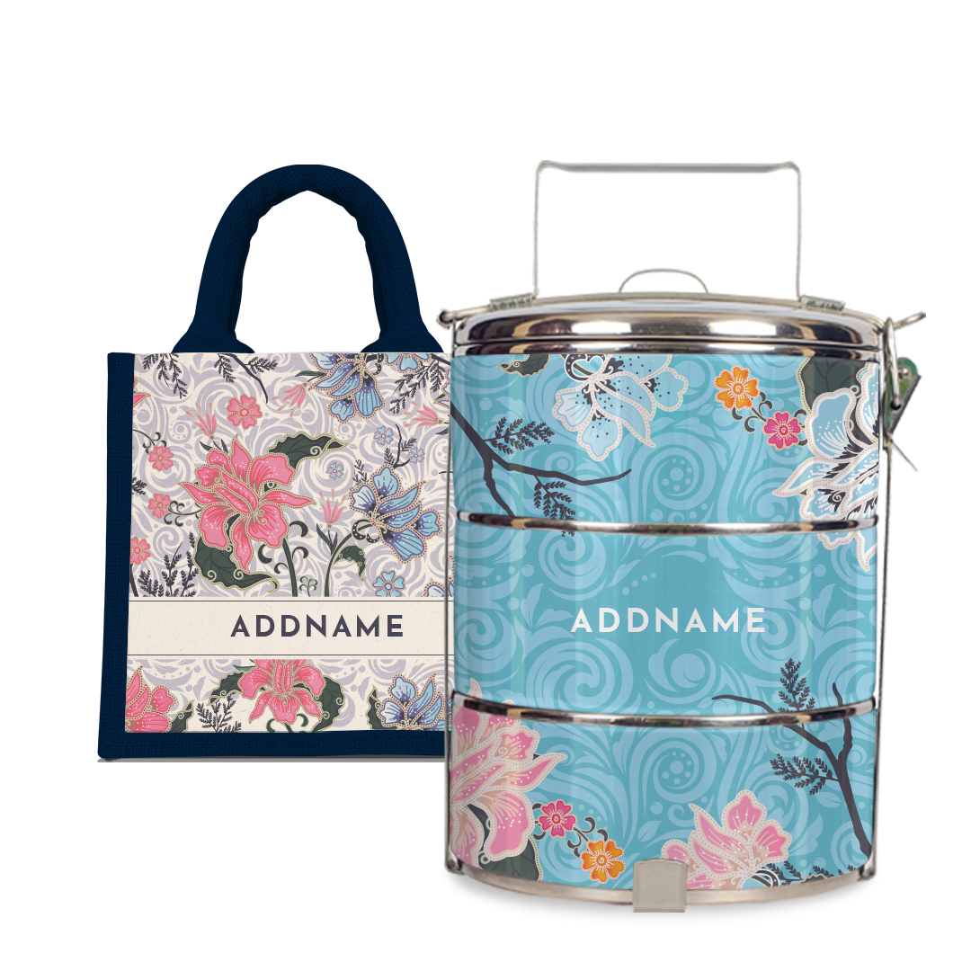 Modern Mahsuri Blue - Lunch Tote Bag with Three-Tier Tiffin Carrier