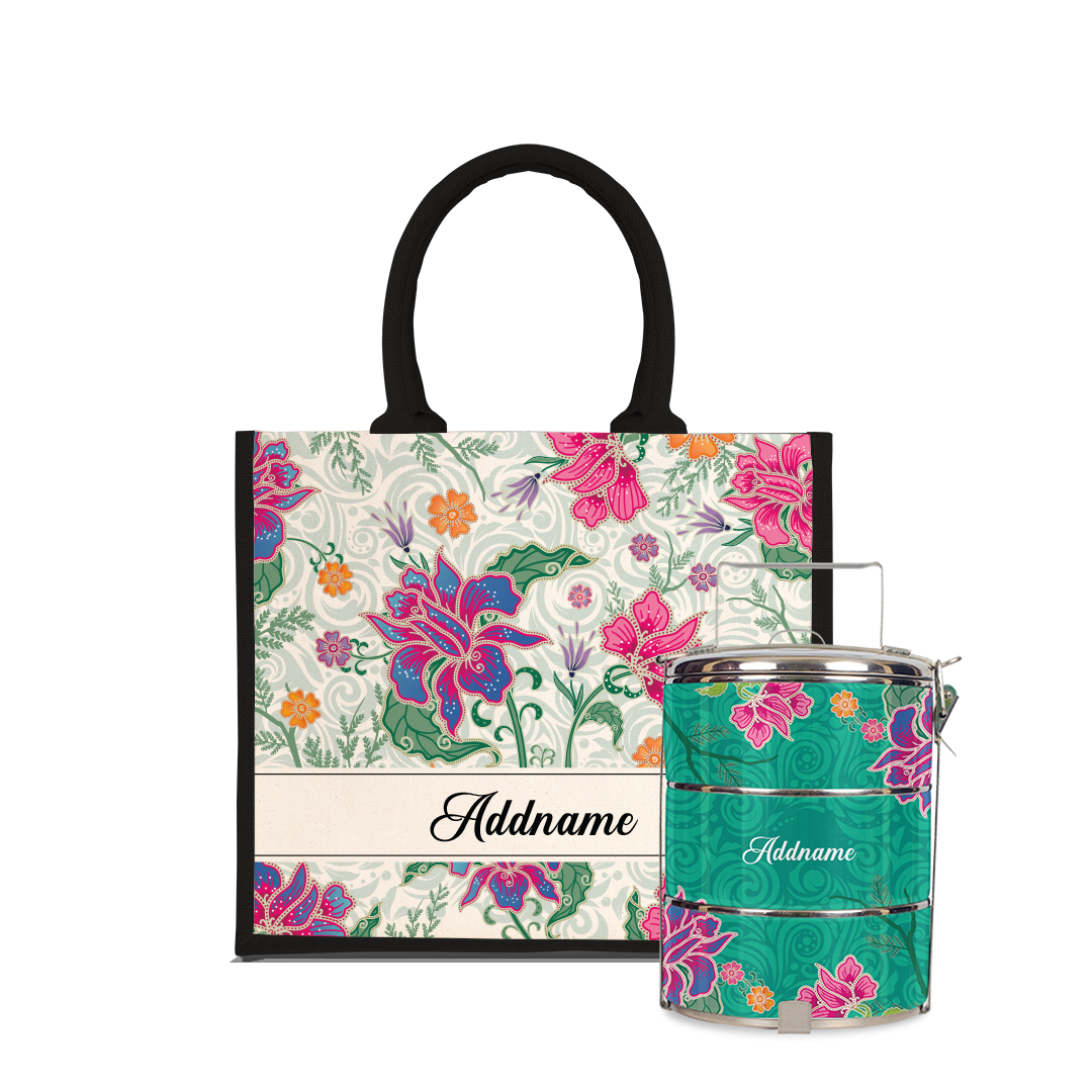 Modern Mahsuri Series - Legend Green Half Lining Jute Bag with Tiffin Carrier