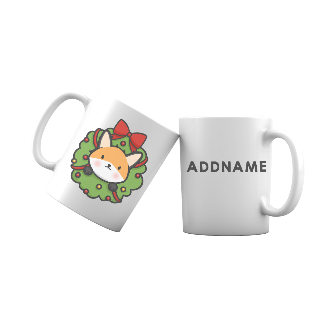 Xmas Cute Flower Wreath Fox Addname Mug