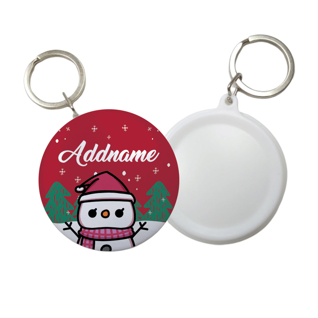 Xmas Little Girl Snowman Red Button Badge with Key Ring (58mm)