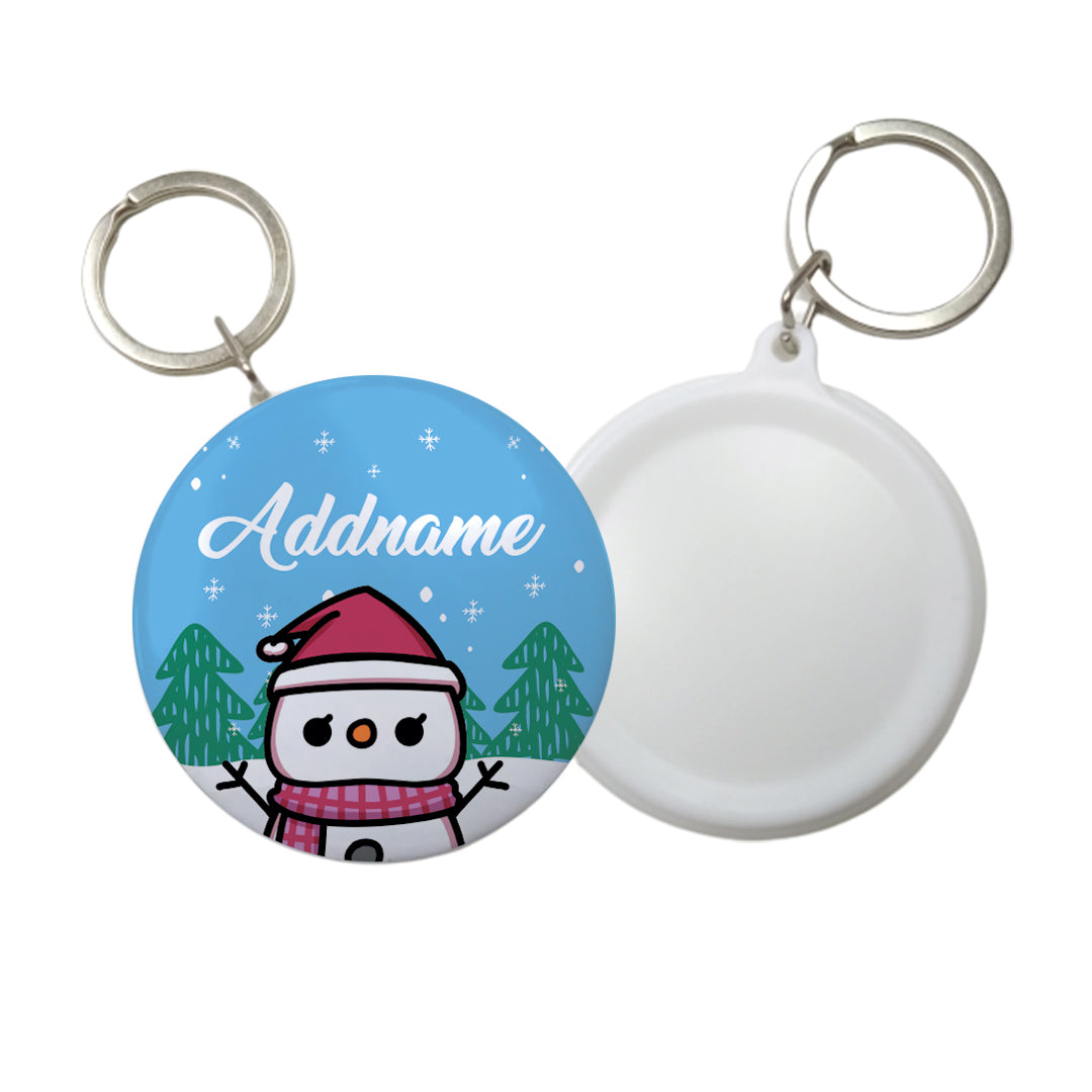 Xmas Little Girl Snowman Blue Button Badge with Key Ring (58mm)