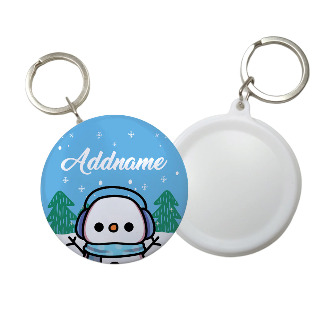 Xmas Little Boy Snowman Blue Button Badge with Key Ring (58mm)