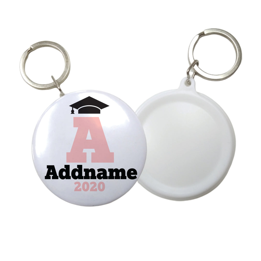 Graduation Series Cap with Initial and Year Pink Button Badge with Key Ring (58mm)