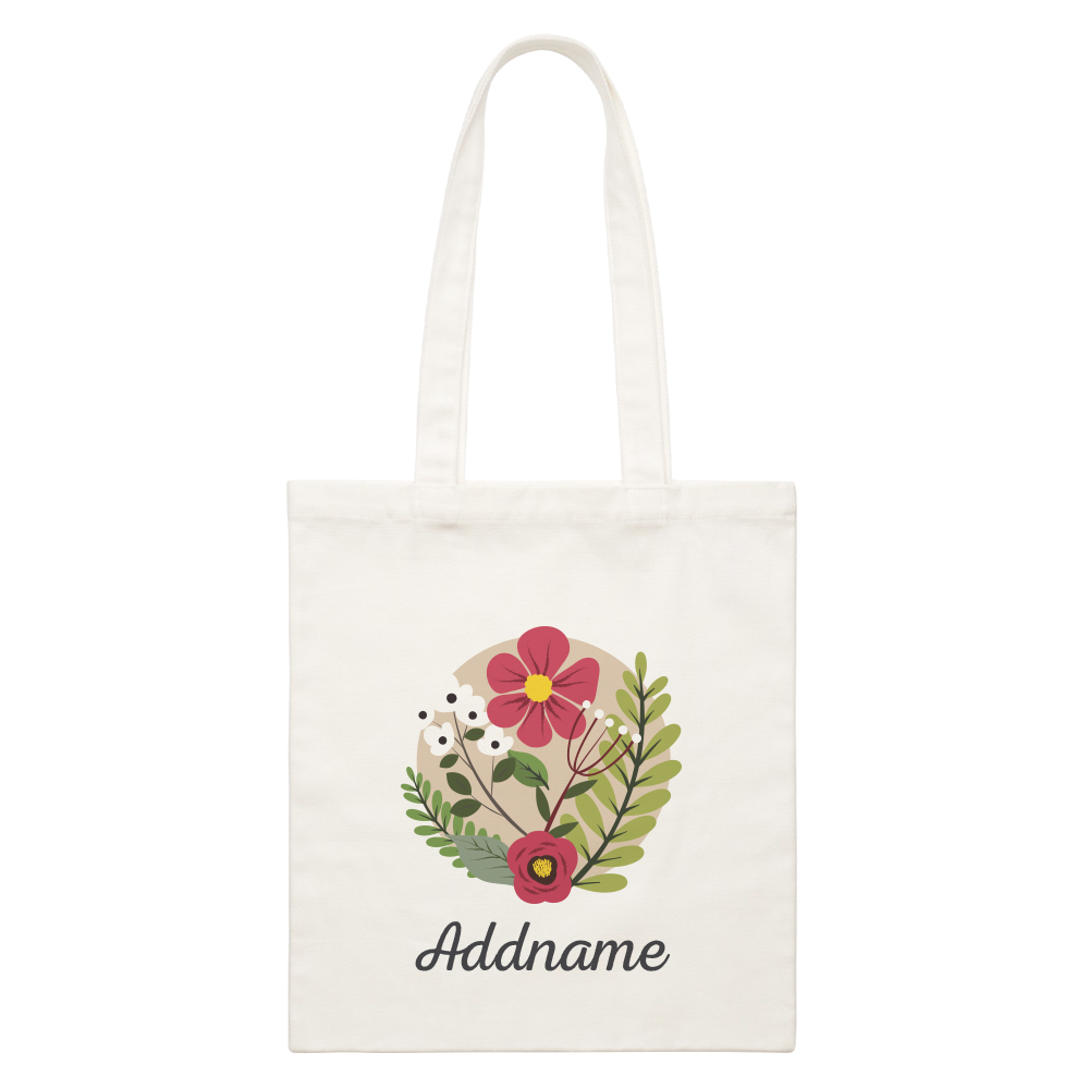 Floral Design With Black Addname White Canvas Bag