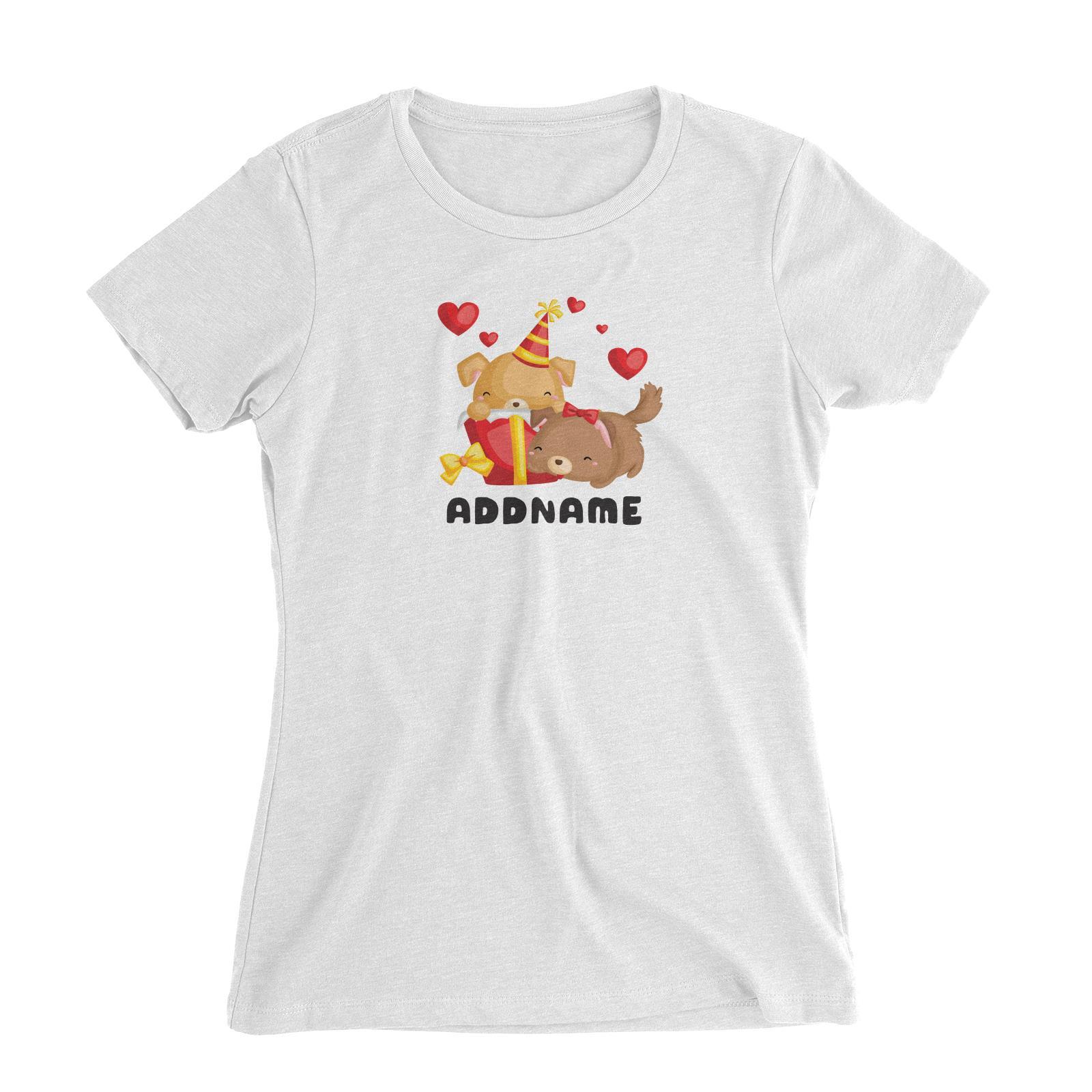 Birthday Friendly Animals Happy Two Dogs Open Present Addname Women's Slim Fit T-Shirt