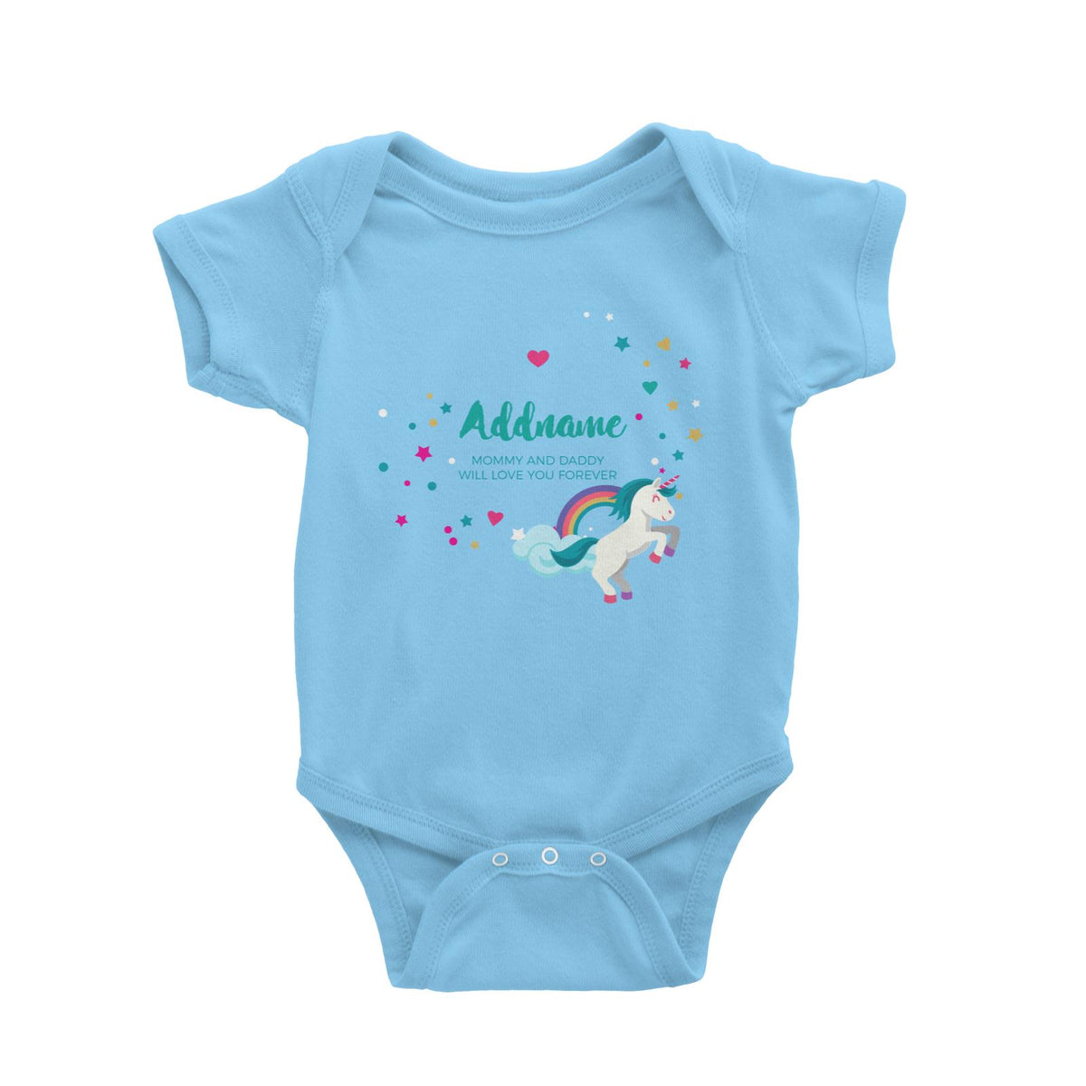 Blue Unicorn with Colourful Love and Start Elements Personalizable with Name and Text Baby Romper