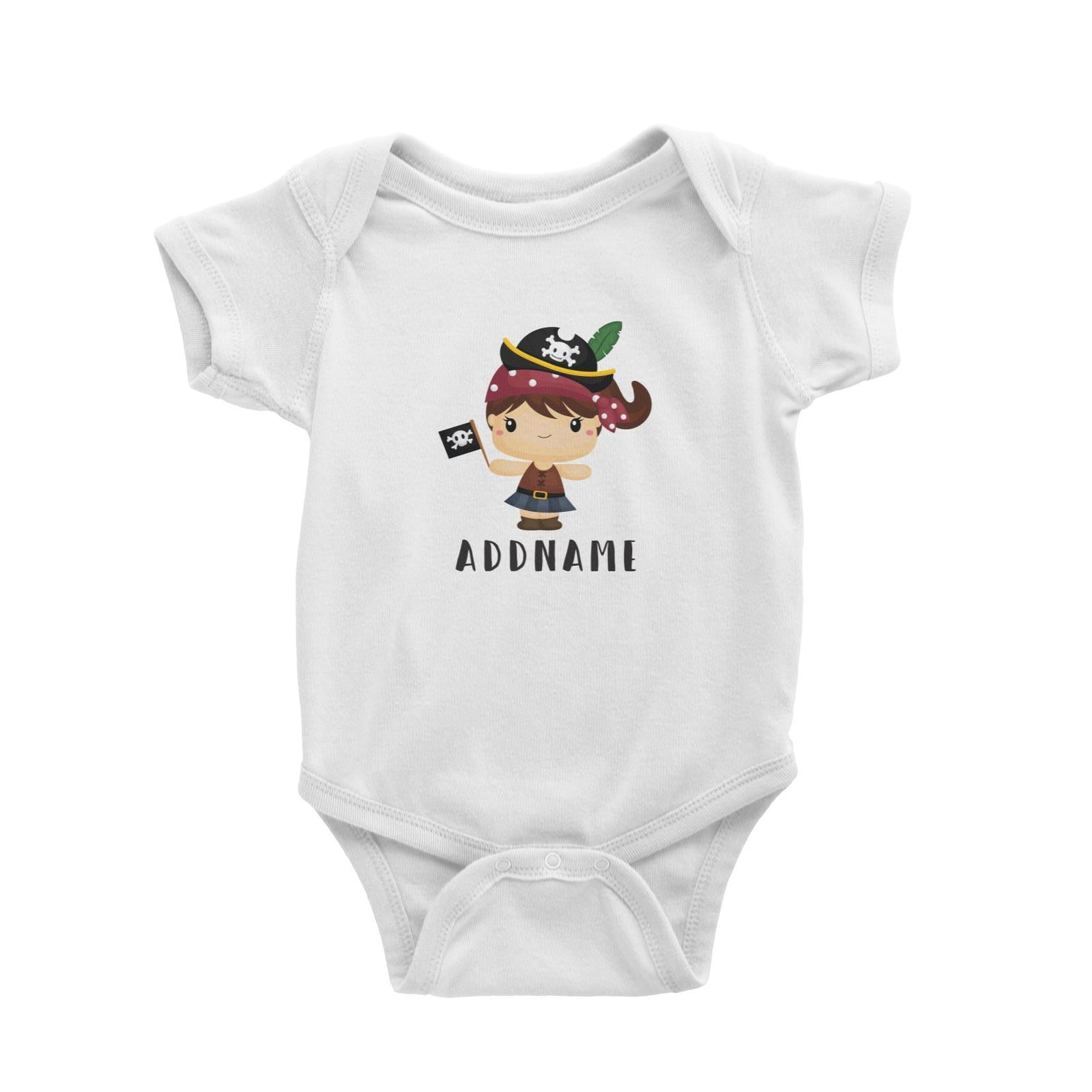 Birthday Pirate Happy Girl Captain Holding Pirate Flag Addname Baby Romper