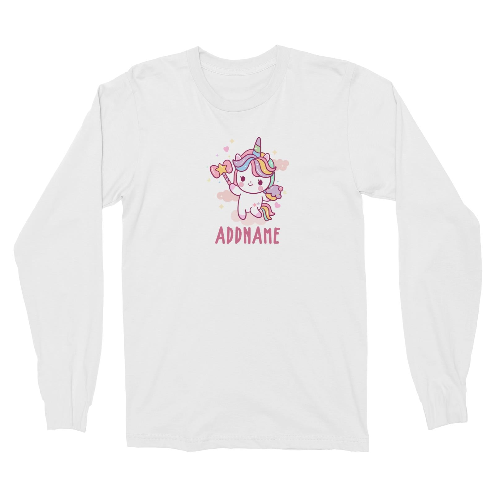 Unicorn And Princess Series Cute Unicorn Holding Magic Wand Addname Long Sleeve Unisex T-Shirt