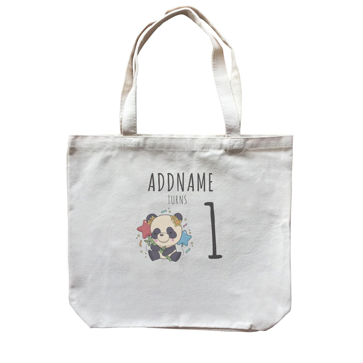 Birthday Sketch Animals Panda with Party Hat Holding Bamboo Addname Turns 1 Canvas Bag