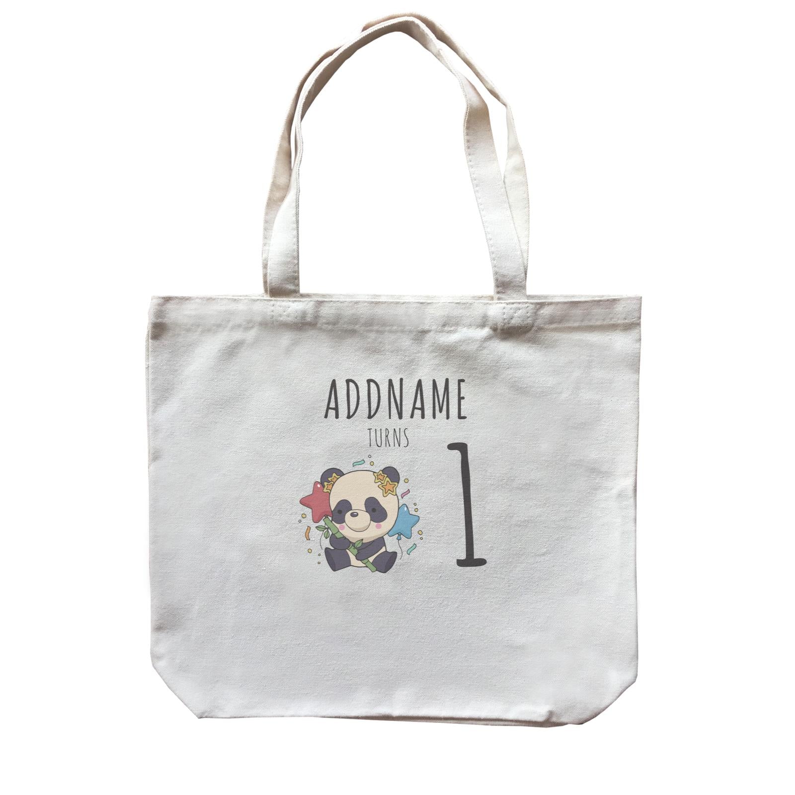 Birthday Sketch Animals Panda with Party Hat Holding Bamboo Addname Turns 1 Canvas Bag