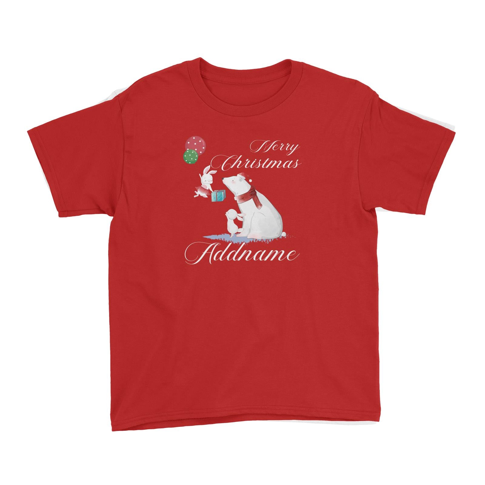Christmas Cute Rabbits And Polar Bear With Present Merry Christmas Addname Kid's T-Shirt