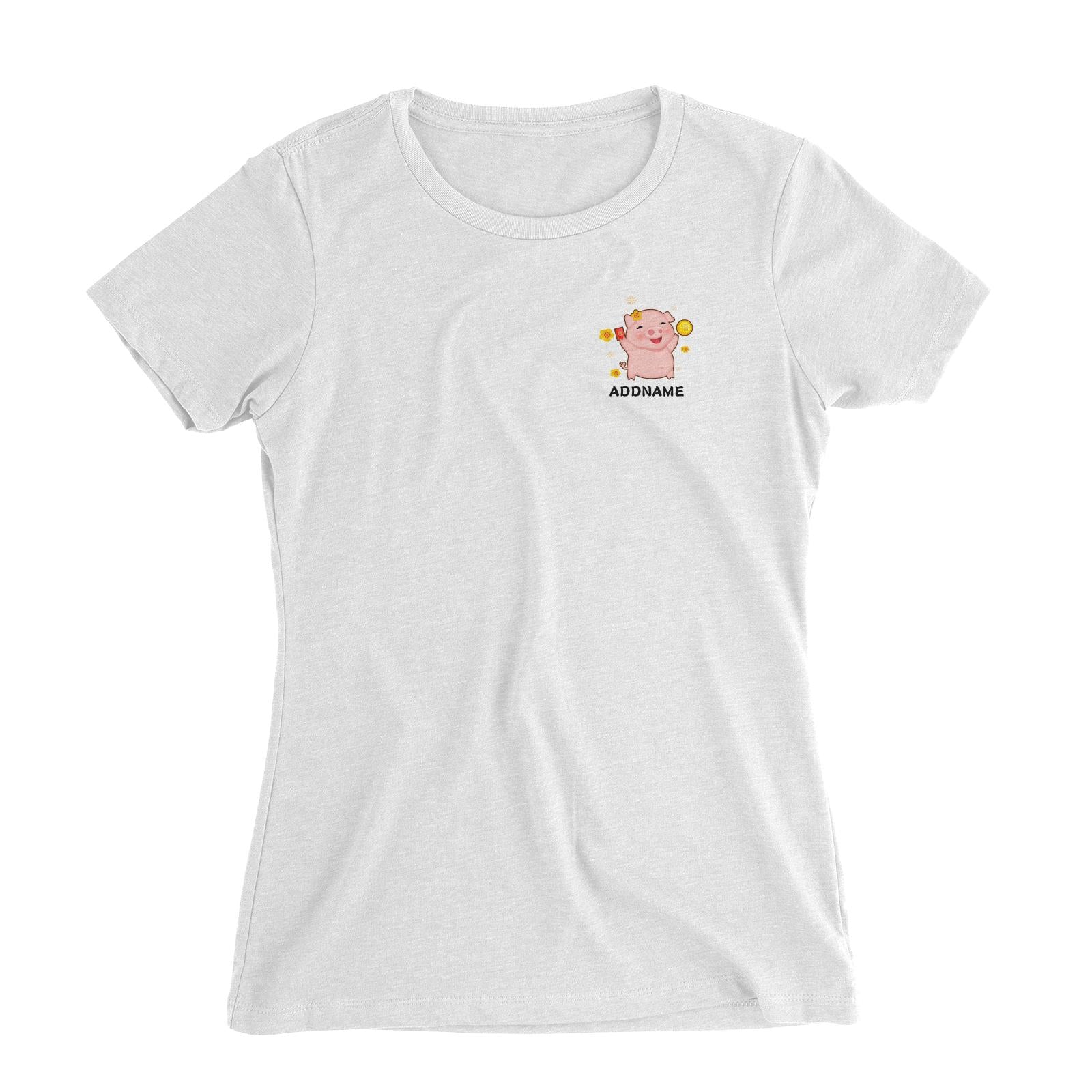 Cute Pig CNY Pig Girl with Red Packet and Happiness Symbol Pocket Design Women Slim Fit T-Shirt