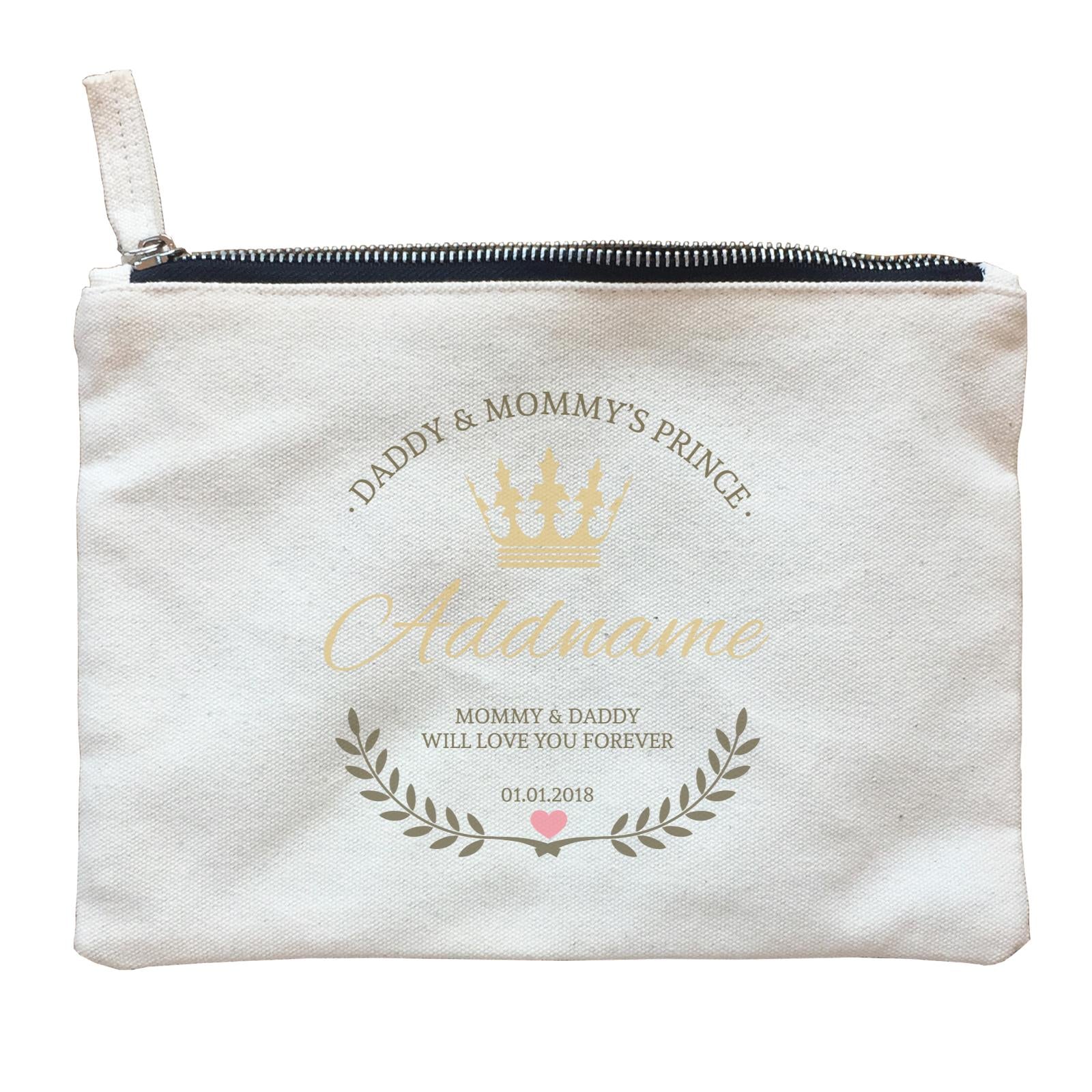 Daddy and Mommy's Prince with Crown Wreath Personalizable with Name Text and Date Zipper Pouch