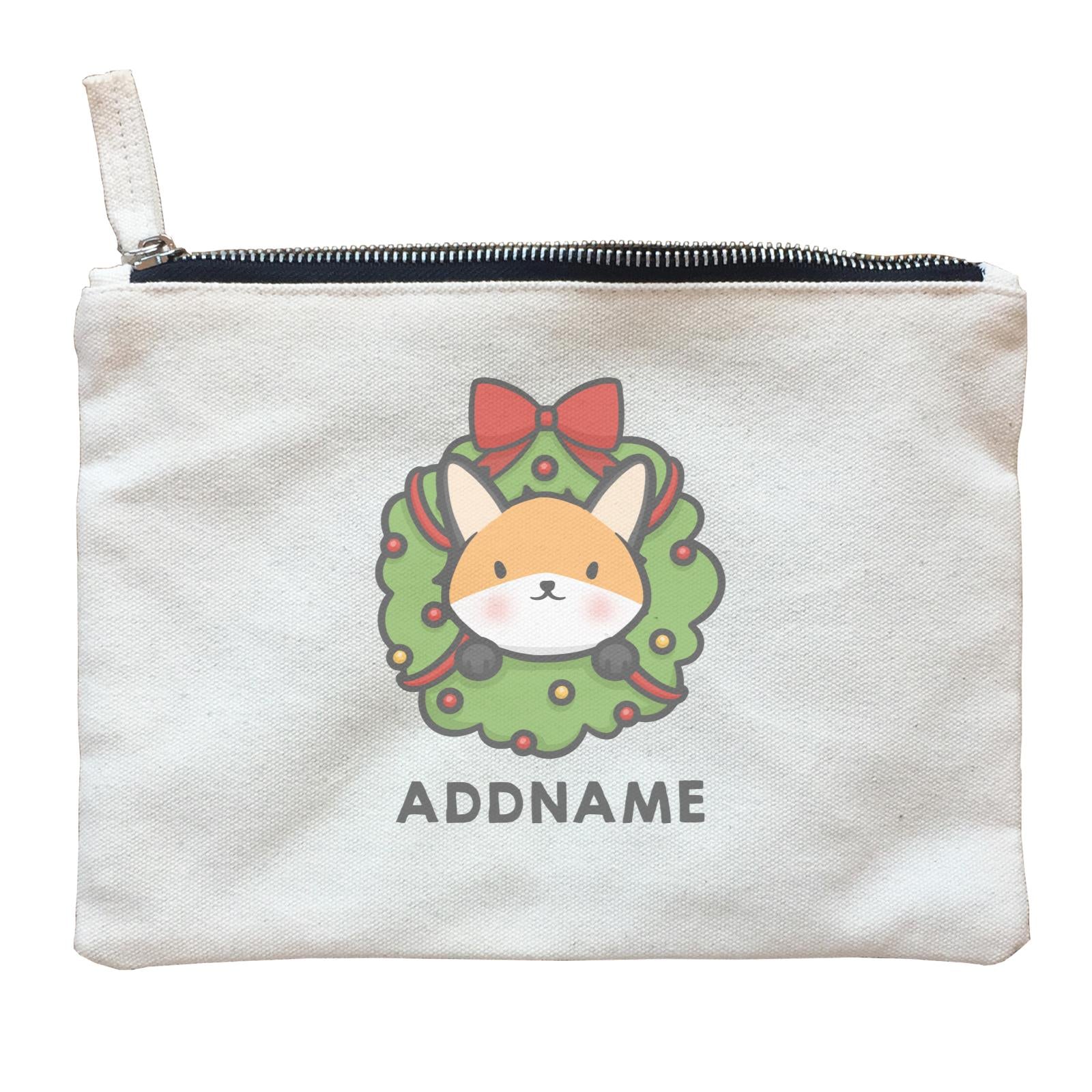 Xmas Cute Flower Wreath Fox Addname Zipper Pouch